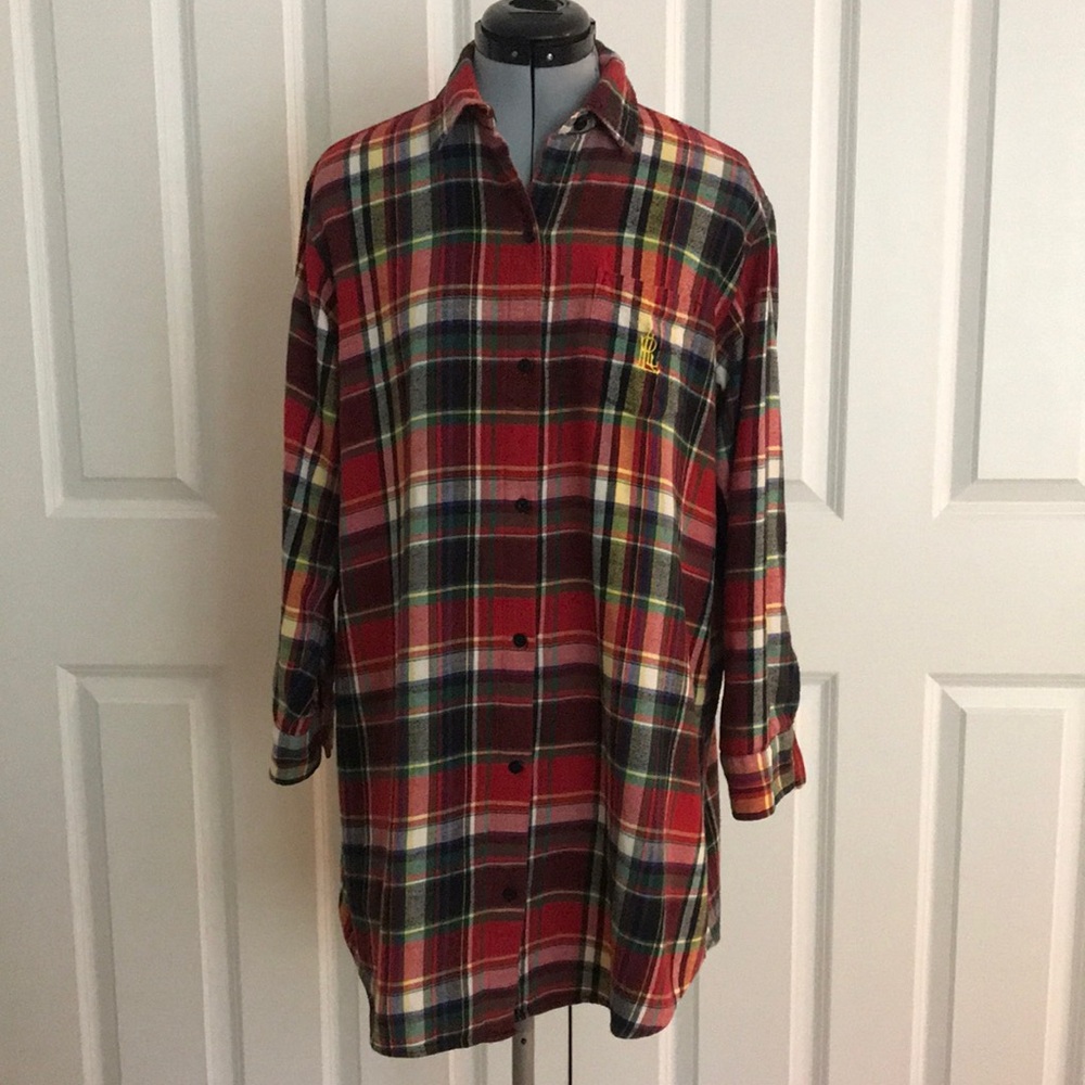 Lauren Ralph Lauren Red & Green Plaid Flannel Nightgown Sleep Shirt Christmas M